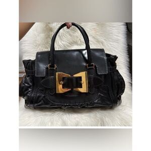 Gucci Black Patent Leather Bag with Gold Bow Buckle w Cert of Authenticity